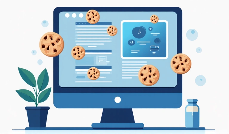 Ilustracja plików cookie jako małych ciasteczek na ekranie komputera, symbolizujące dane.