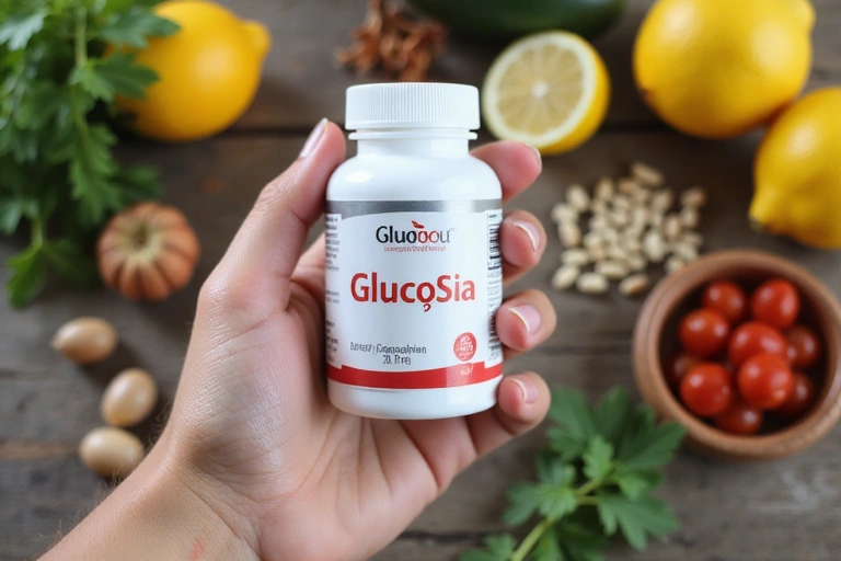 A hand holding a Glucosilac supplement bottle, with a blurred background of natural ingredients like herbs and fruits, symbolizing wellness and health.