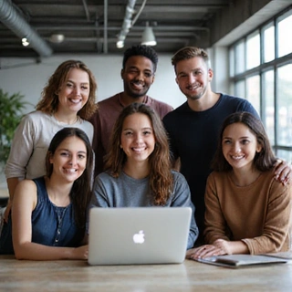 A group photo of diverse team members smiling and collaborating in a modern office environment, symbolizing a dedicated and innovative team.