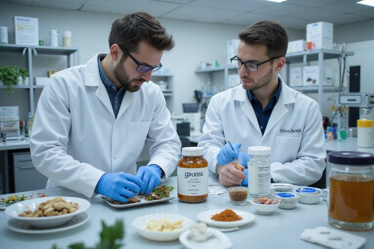 Laboratory research and development of Glucosilac supplements, showing scientists in white coats working with natural ingredients and advanced equipment.